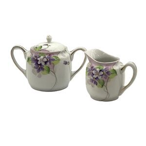 Meito China Creamer & Sugar Bowl w/ Lid Hand Painted Violet Floral Gold Trimmed